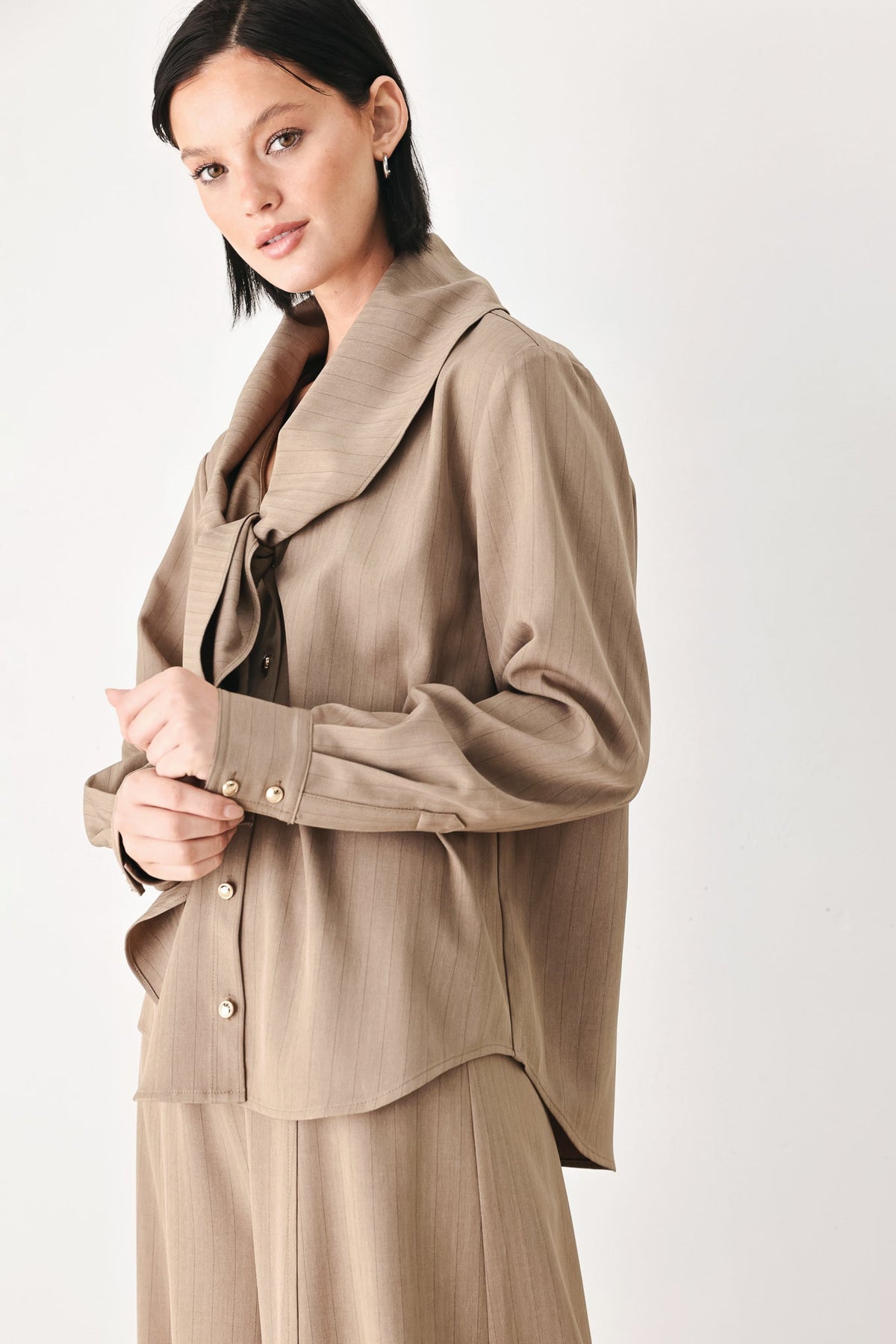 MOCHA MUSE SCARF TIE BUTTON DOWN TOP