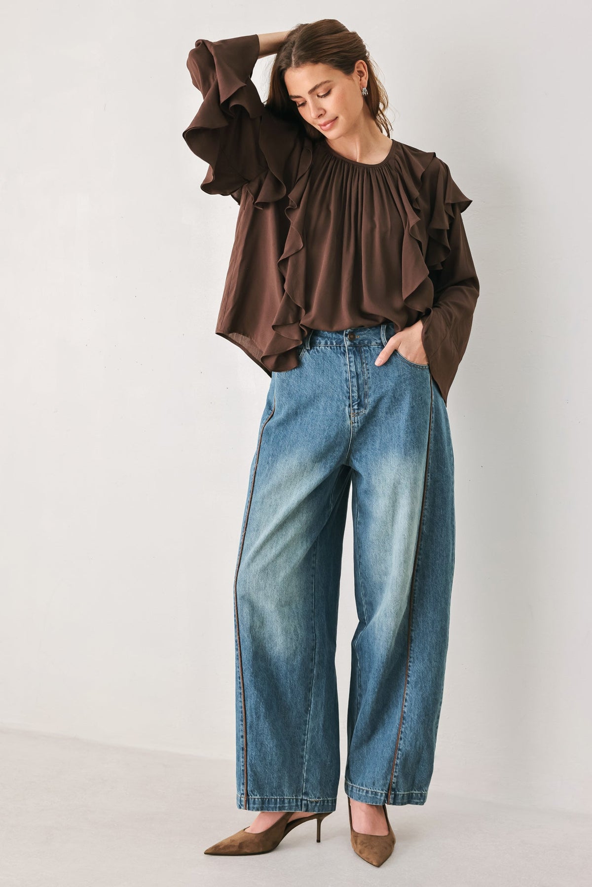 COCOA CASCADE BROWN TIERED-RUFFLE BLOUSE