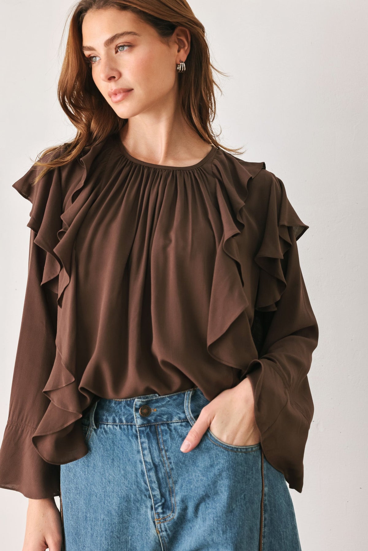 COCOA CASCADE BROWN TIERED-RUFFLE BLOUSE