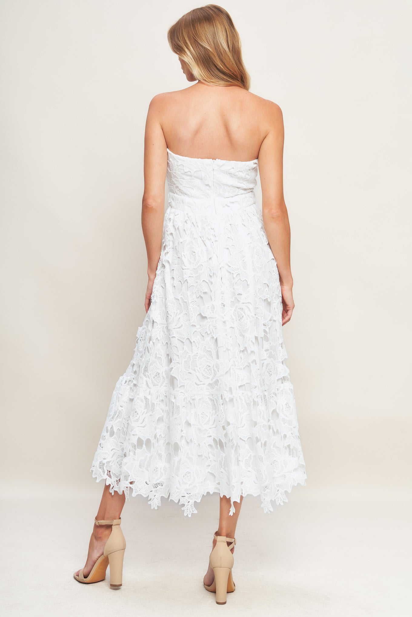 CAREFREE NIGHTS LACE OFF WHITE MIDI DRESS