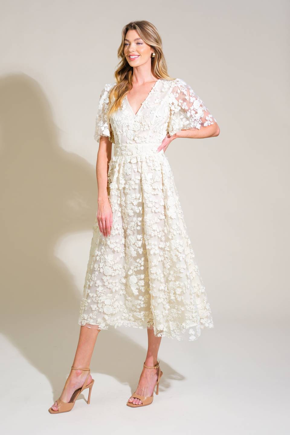 DREAMY BLOSSOM WOVEN LACE MIDI DRESS