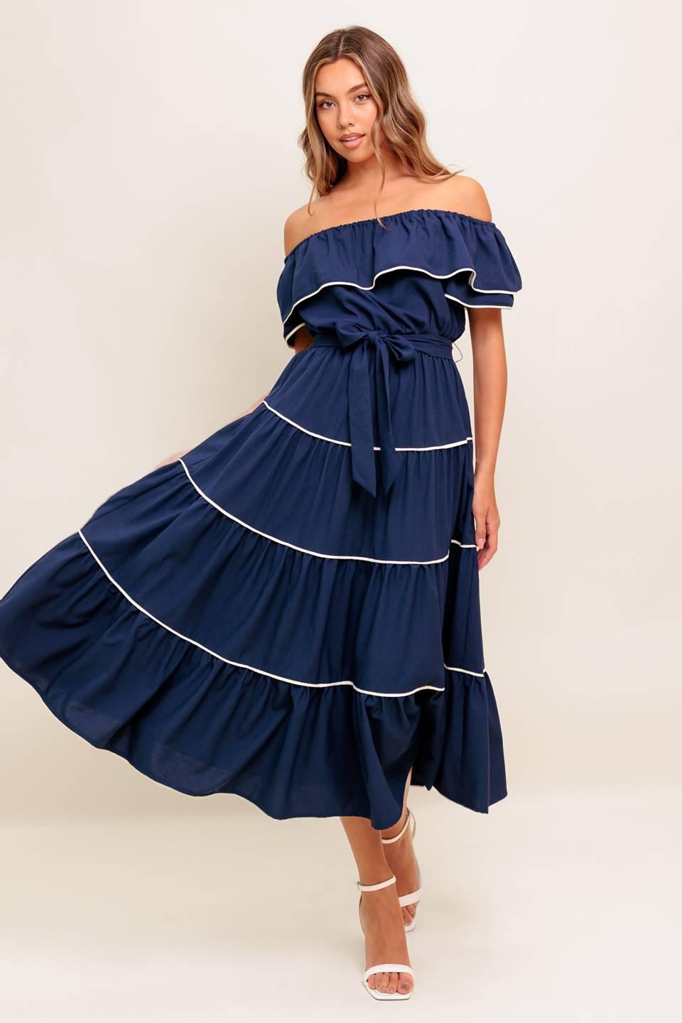 BUTTERCREAM DREAM NAVY WOVEN MIDI DRESS BUTTERCREAM DREAM NAVY WOVEN MIDI DRESS