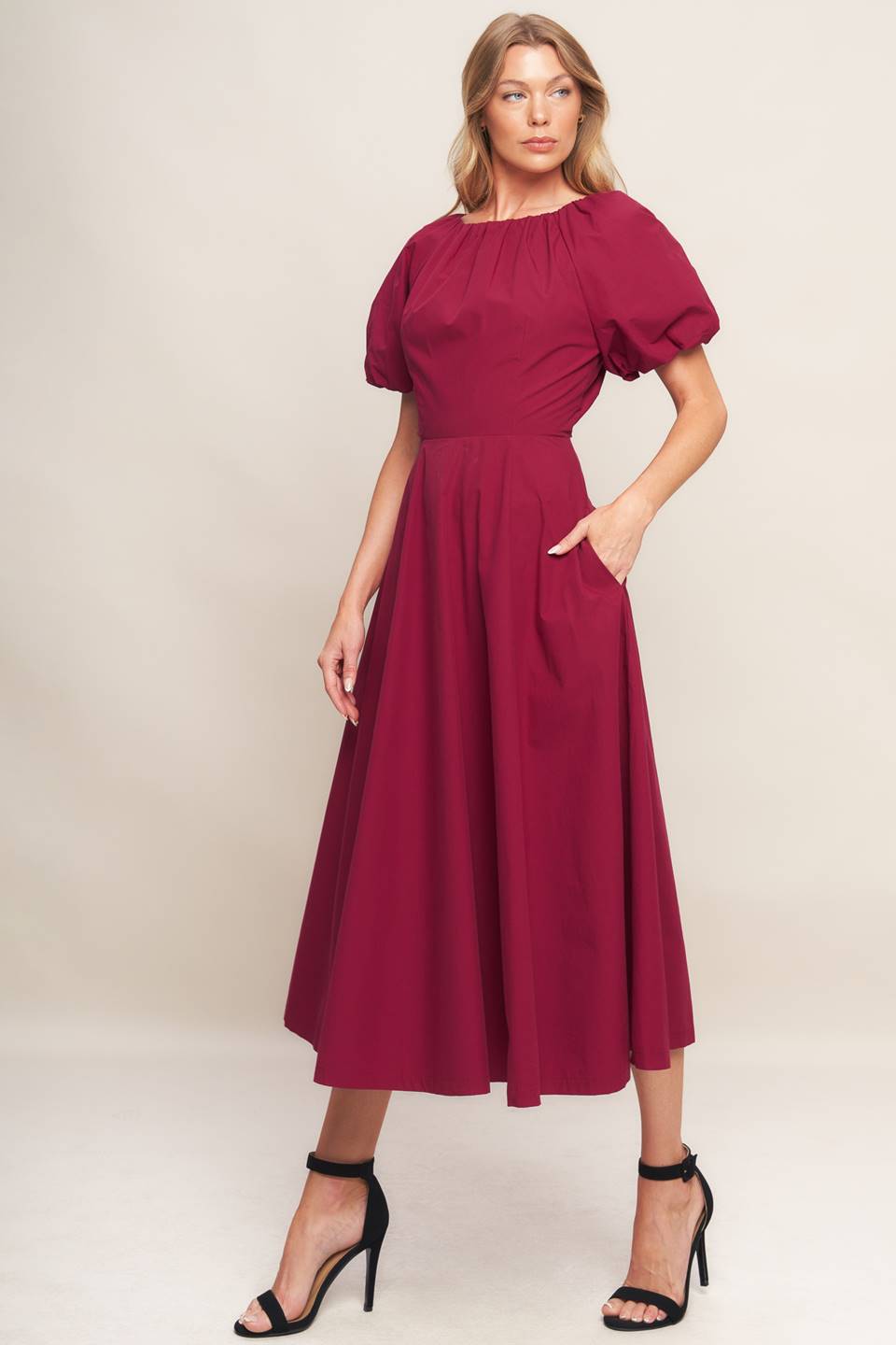 CRIMSON ROMANCE WOVEN MIDI DRESS