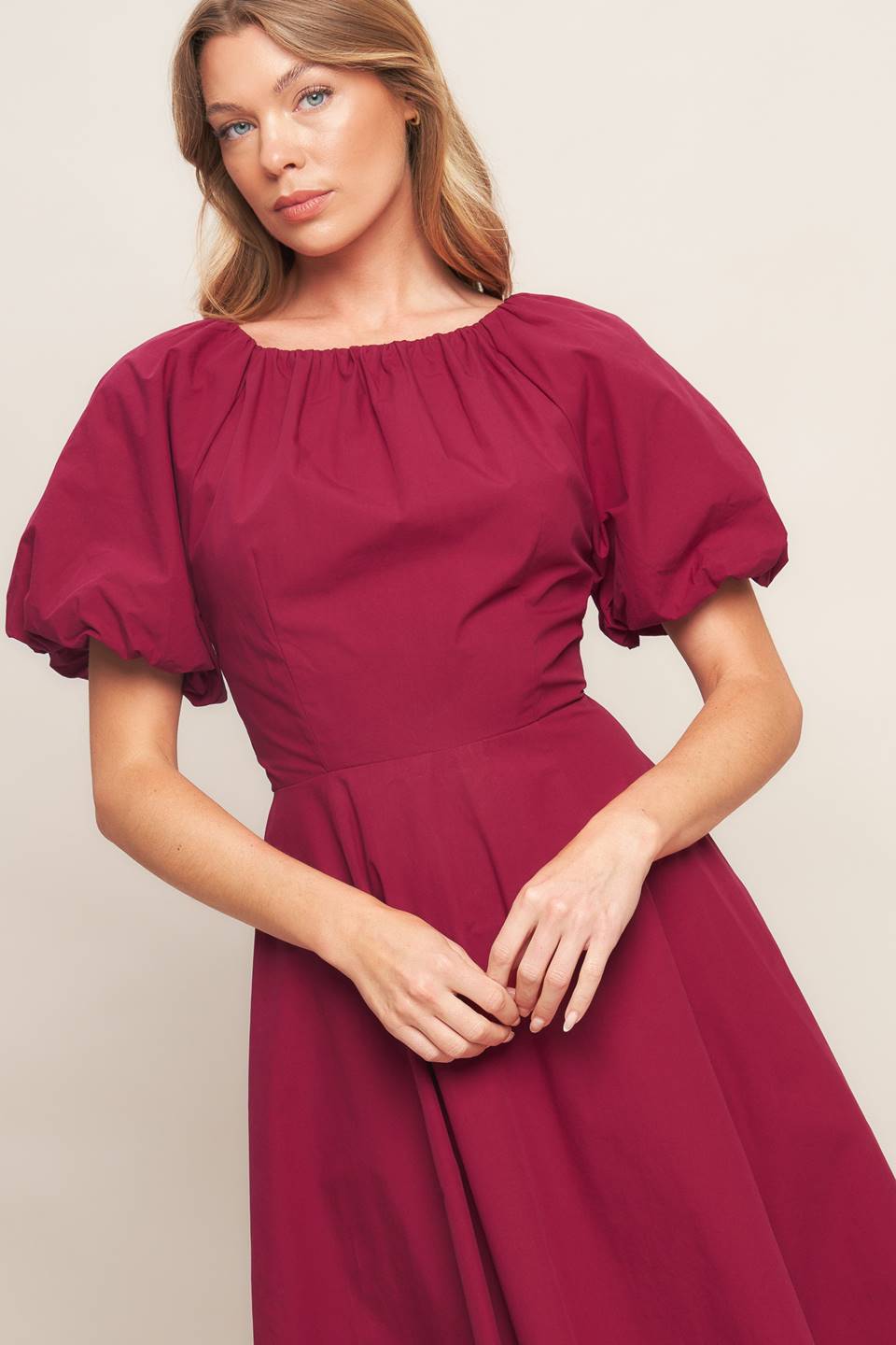 CRIMSON ROMANCE WOVEN MIDI DRESS