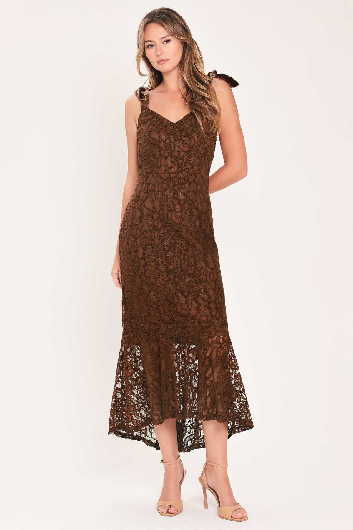 AUTUMN ROMANCE CHESTNUT LACE TIE-STRAP MIDI DRESS