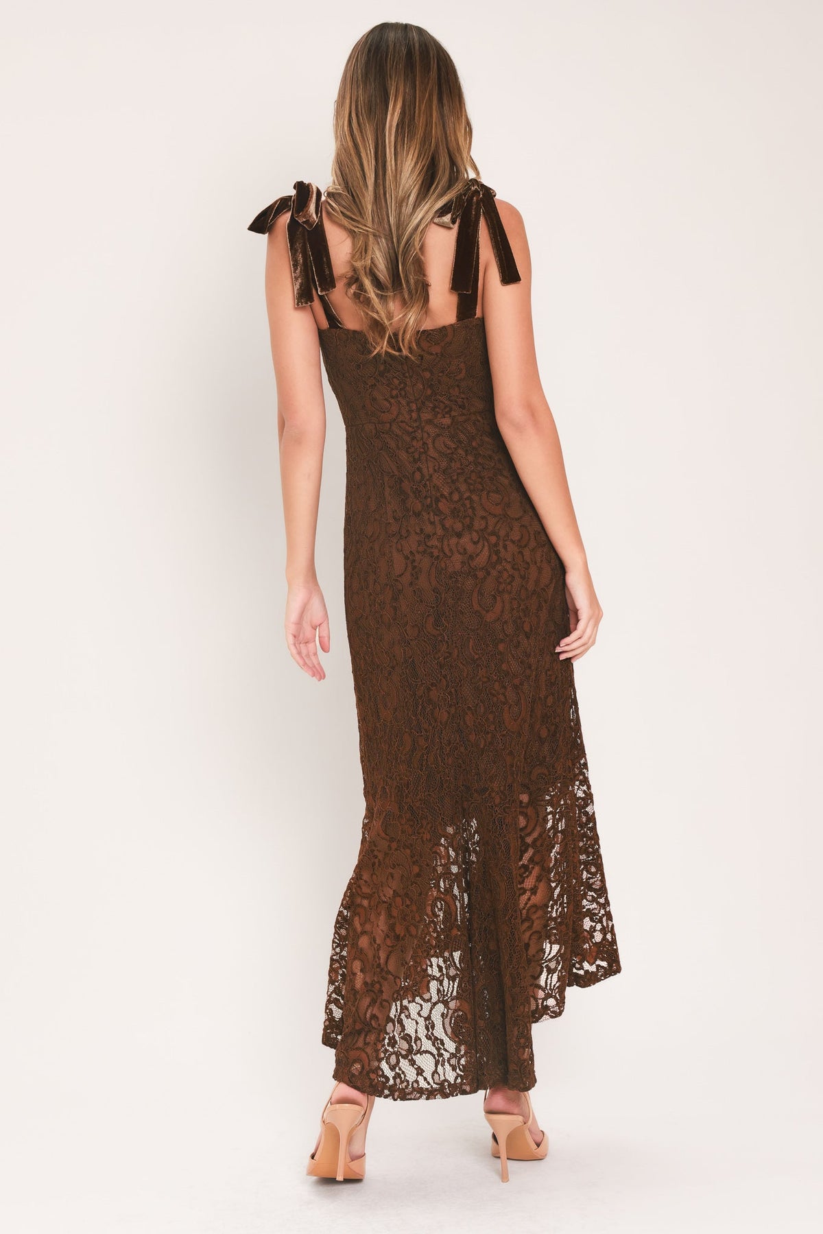 AUTUMN ROMANCE CHESTNUT LACE TIE-STRAP MIDI DRESS