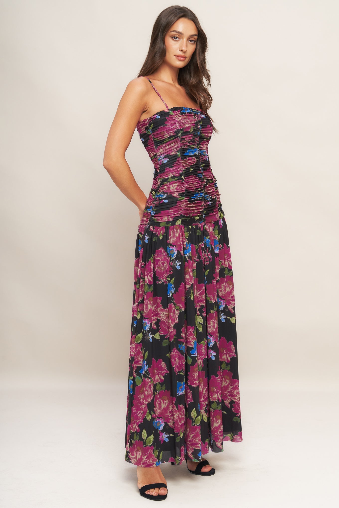 NIGHT FLORIST POWER MESH MAXI DRESS