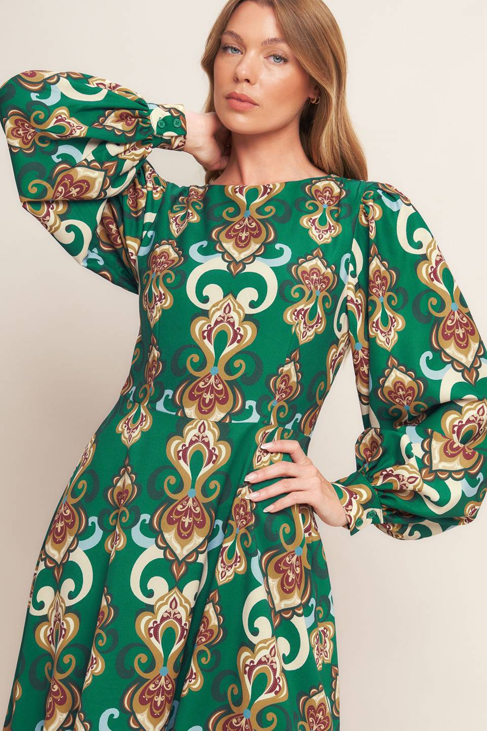 MODERN RETRO BLOOM WOVEN MIDI DRESS