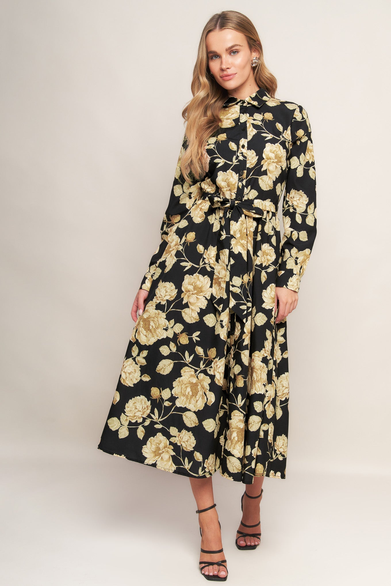 MIDNIGHT BLOOM BLACK WOVEN MIDI DRESS