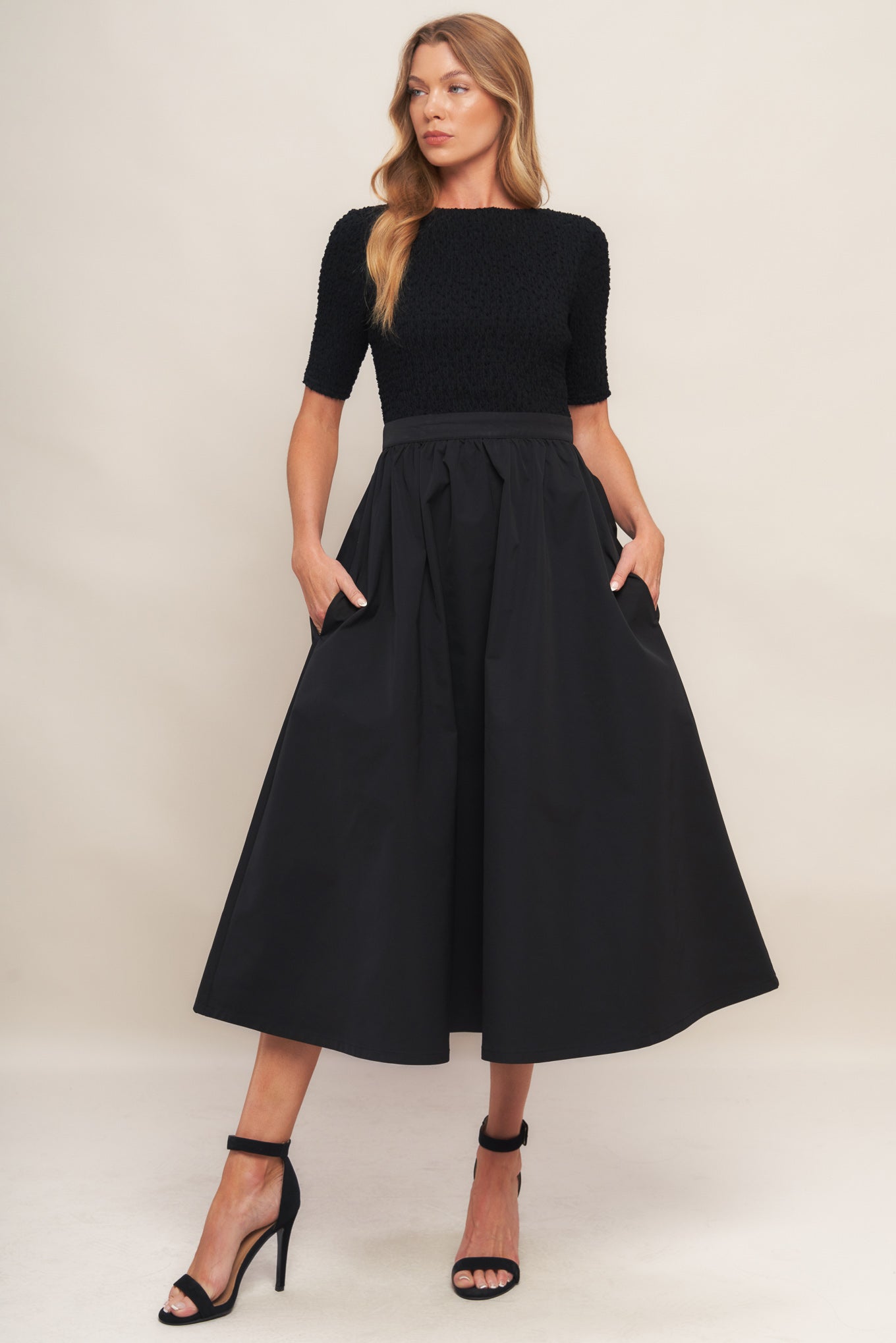 EVENING GRACE BLACK WOVEN MIDI DRESS