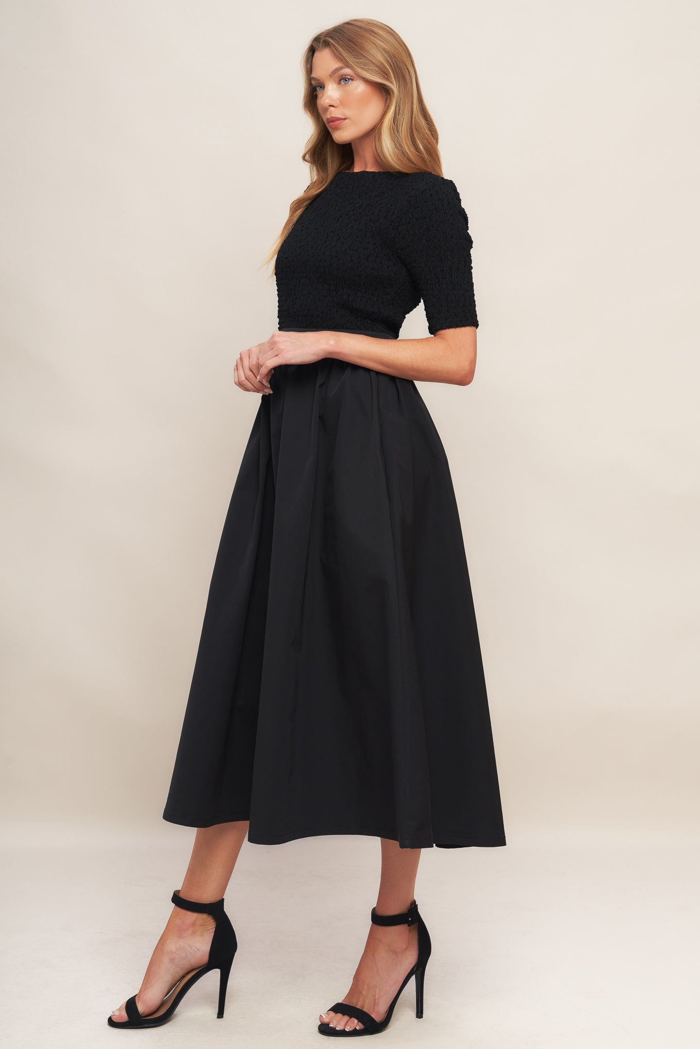 EVENING GRACE BLACK WOVEN MIDI DRESS