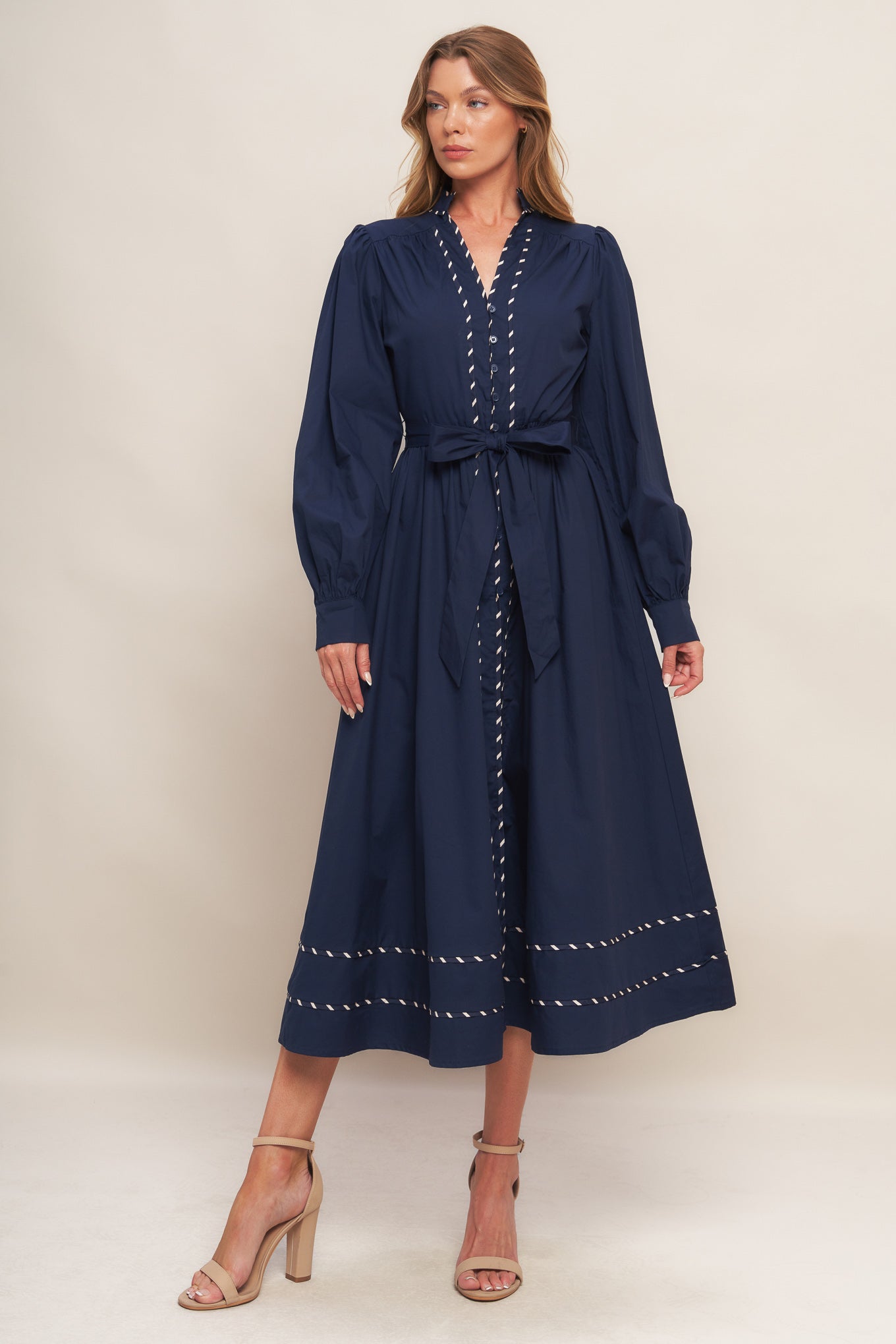SHINE BRIGHT NAVY LONG SLLEVE WOVEN MIDI DRESS