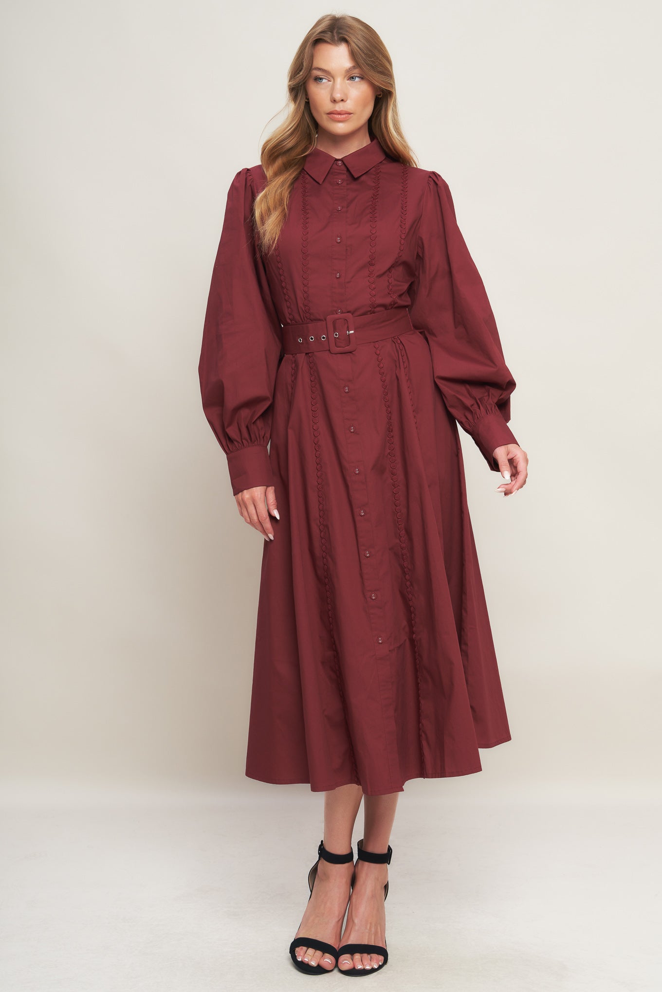 MODERN FEMME BURGUNDY WOVEN MIDI DRESS
