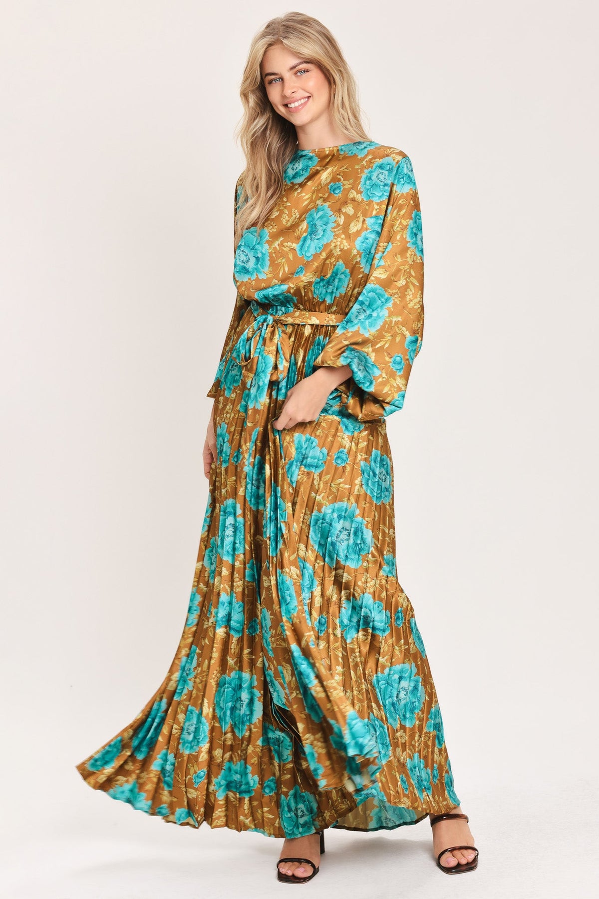 GOLDEN BLOOM LUXE WOVEN SATIN MAXI DRESS