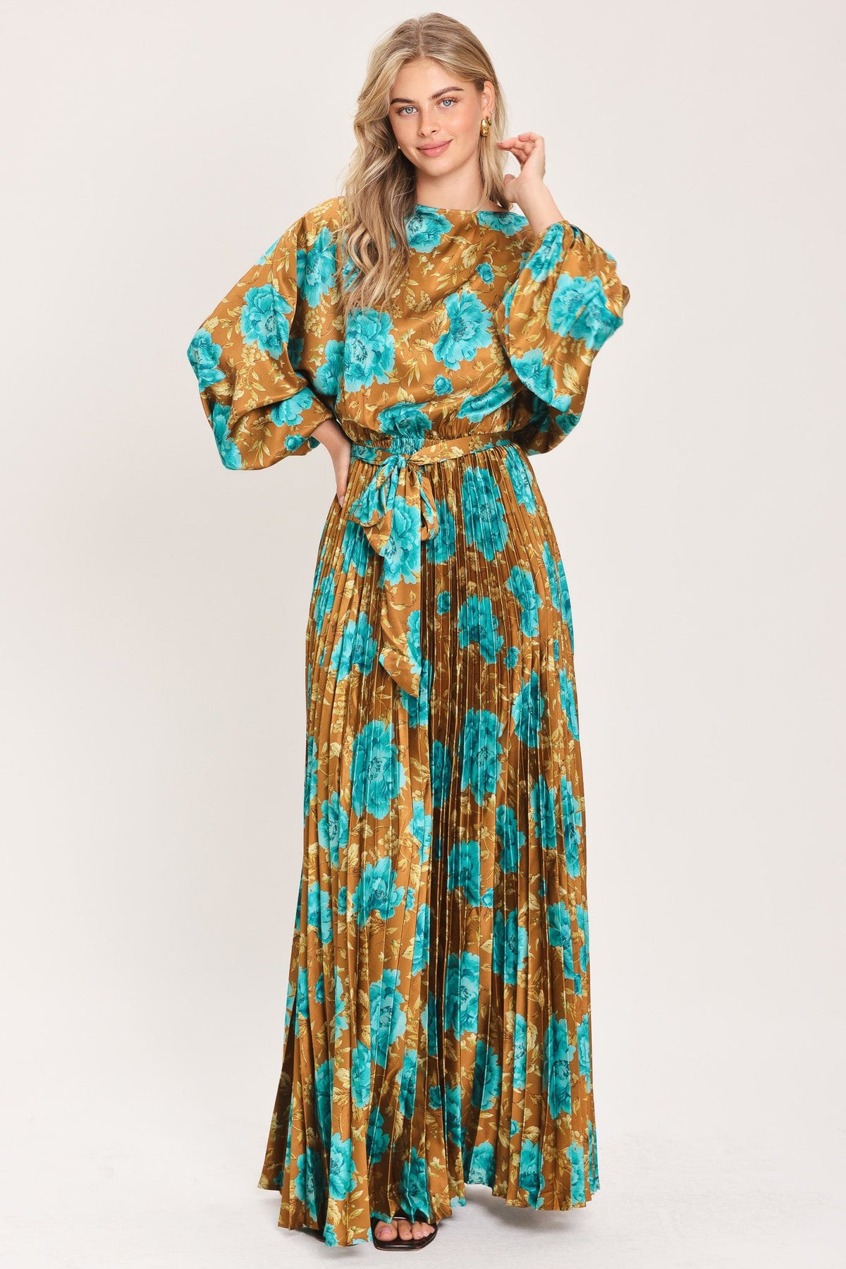 GOLDEN BLOOM LUXE WOVEN SATIN MAXI DRESS