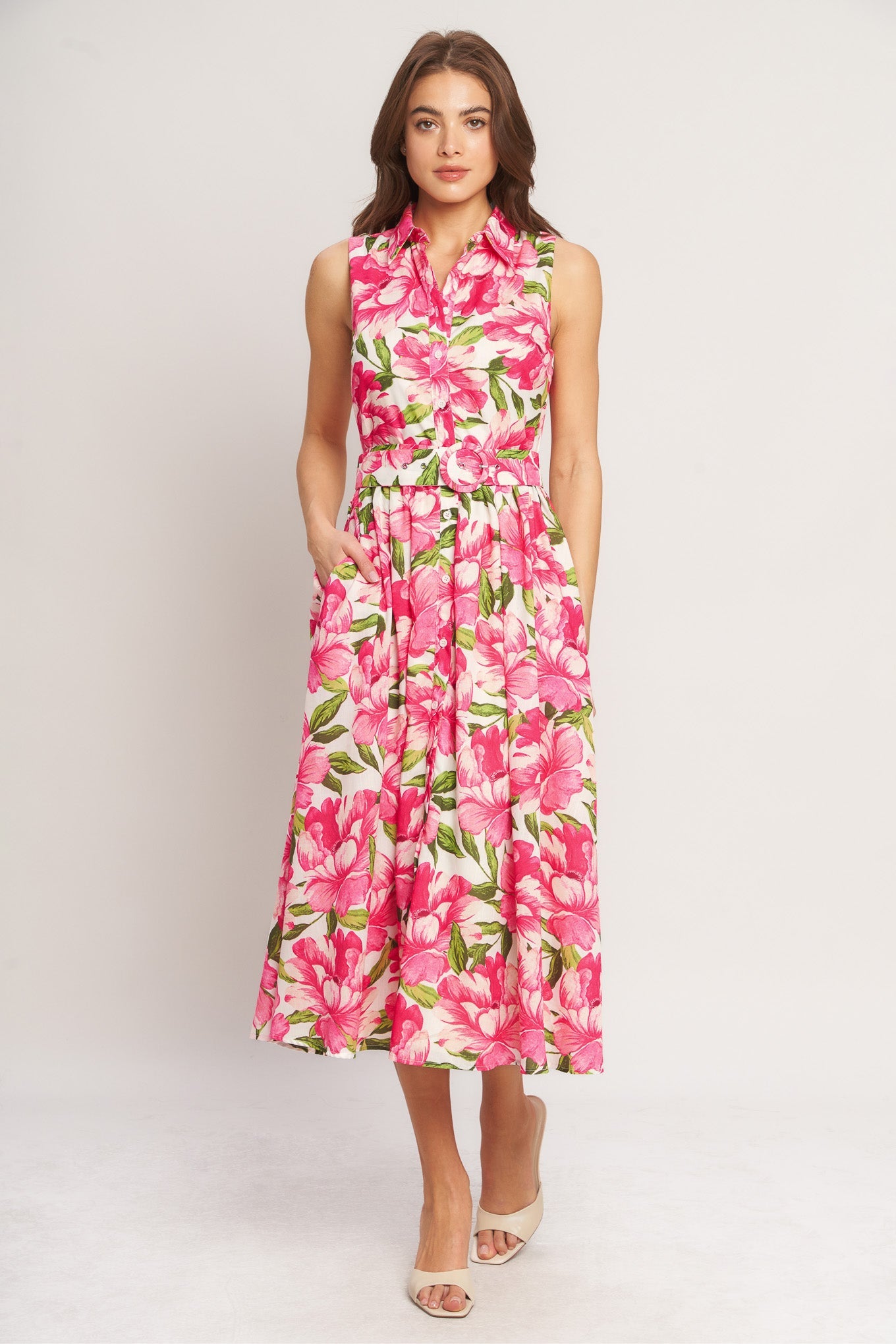 PINK PARADISE WOVEN MIDI DRESS