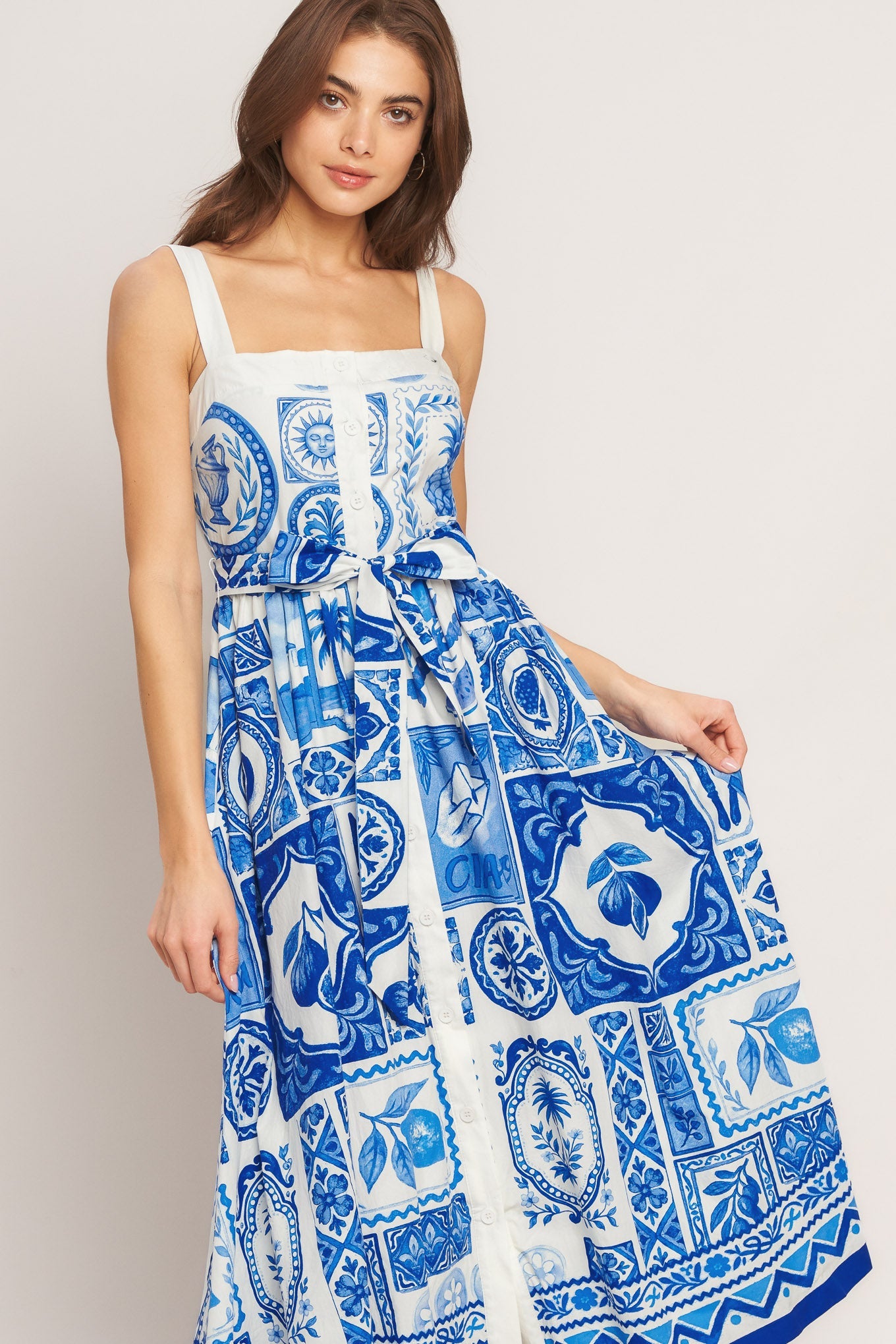 BLUE MAJOLICA CHARM WOVEN MIDI DRESS