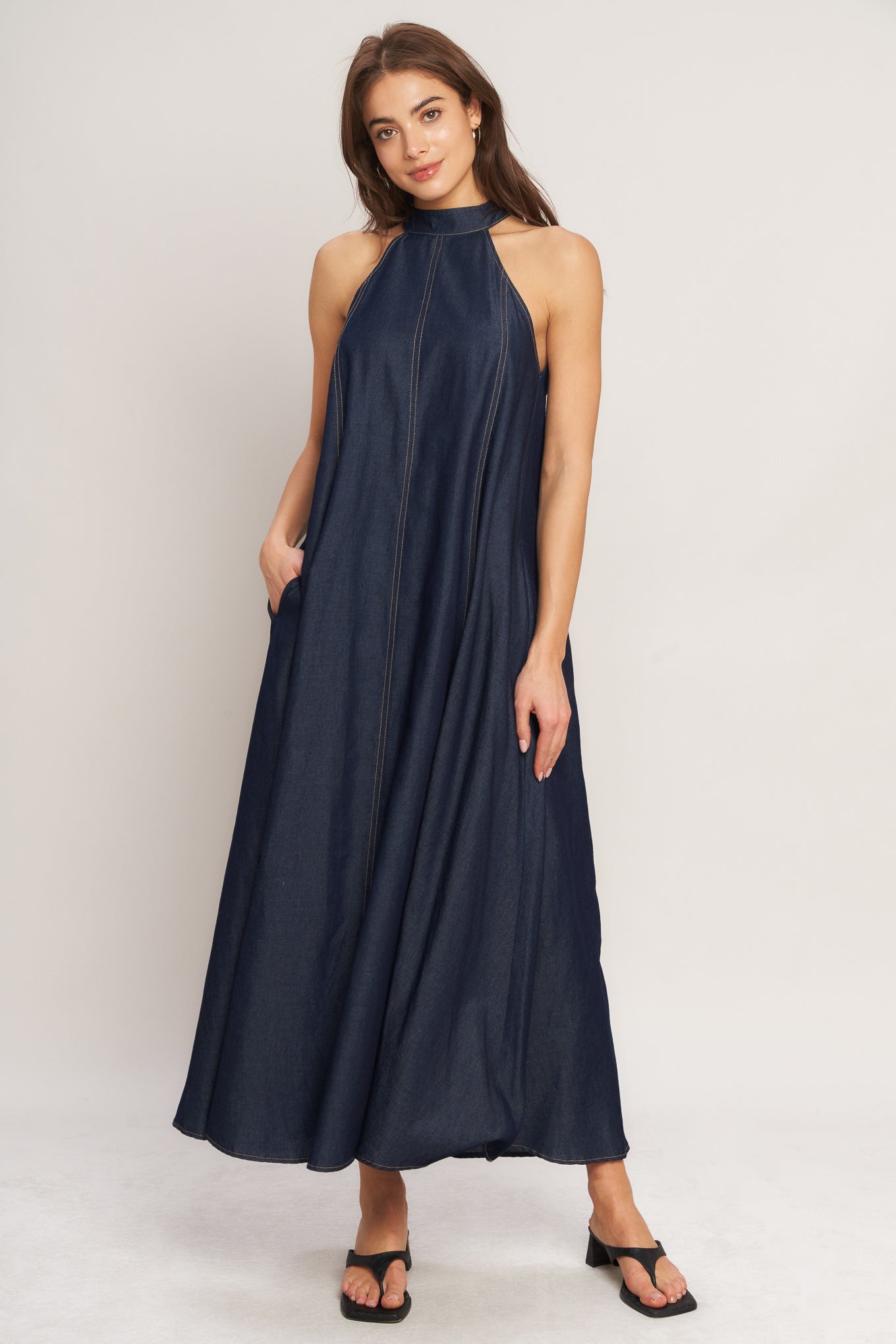 MIDNIGHT FLOW WOVEN MIDI HALTER DRESS