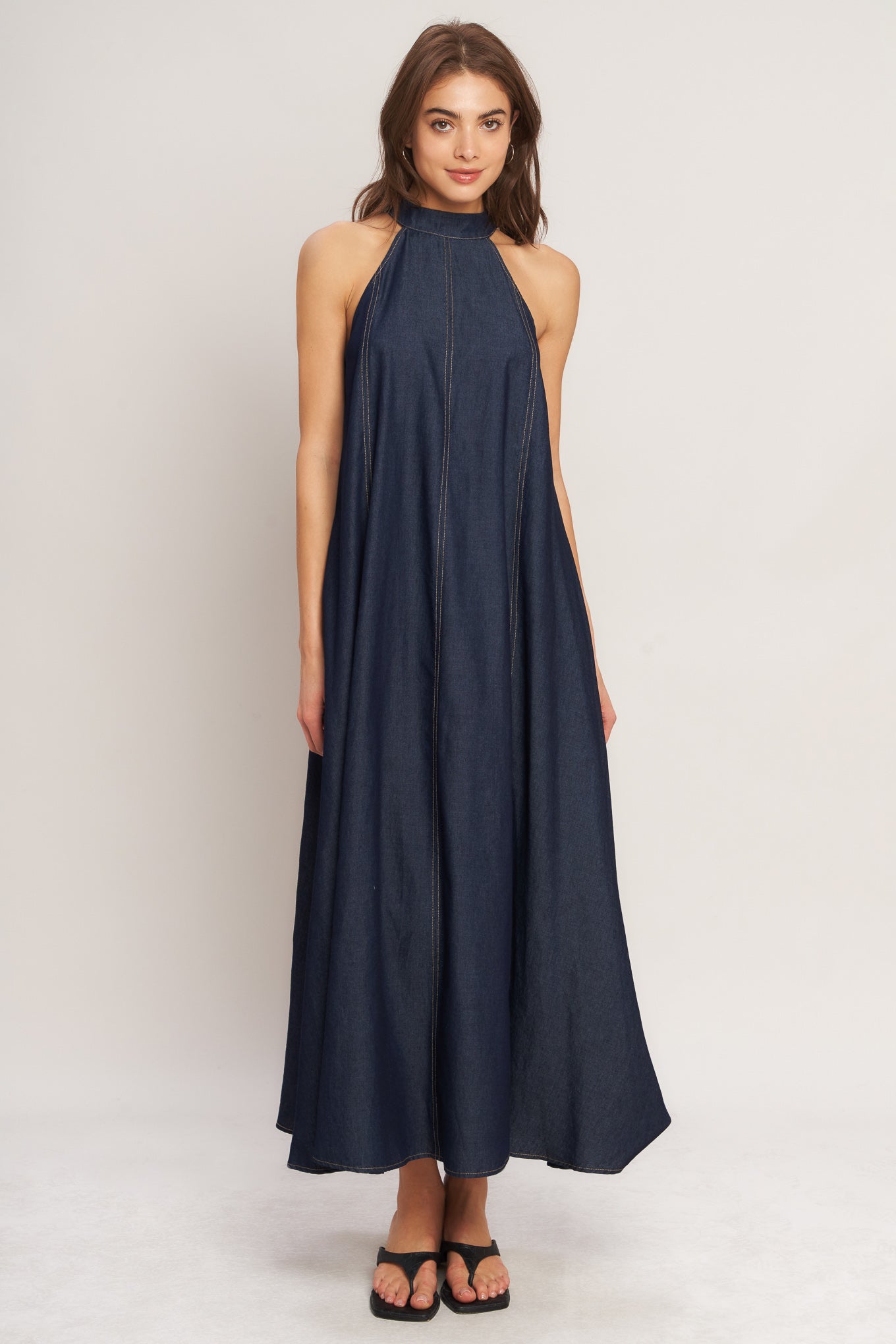 MIDNIGHT FLOW WOVEN MIDI HALTER DRESS