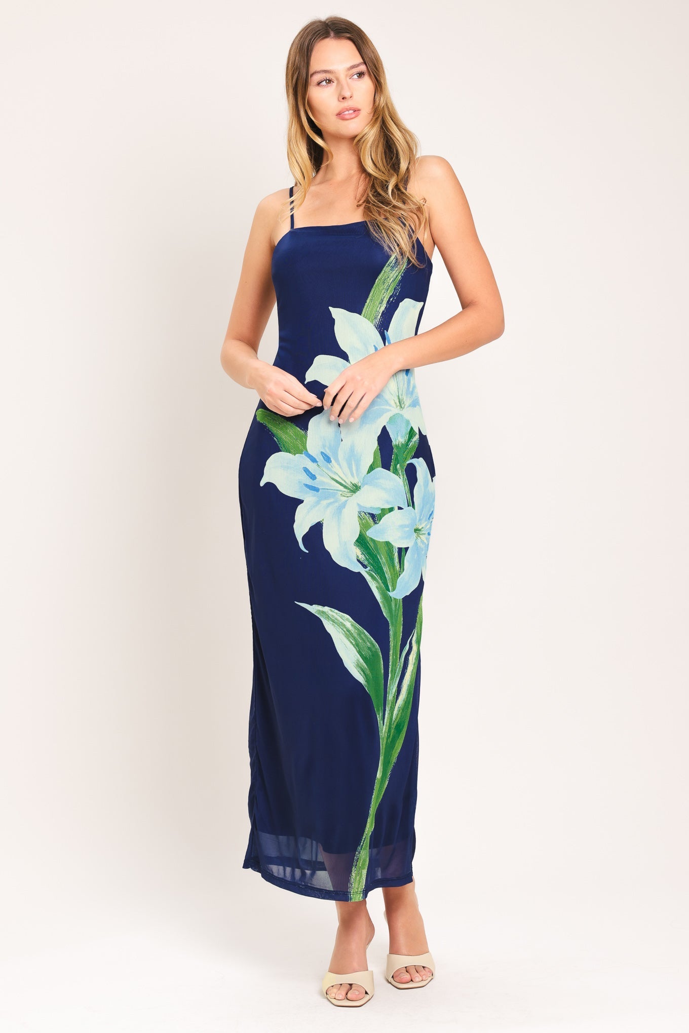 DEEP BLOOM POWER MESH MIDI DRESS