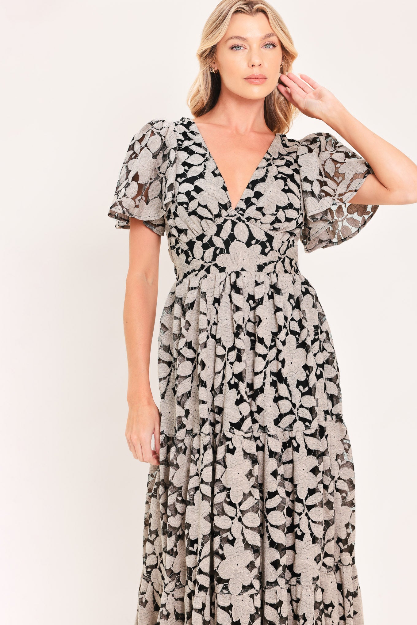 ASHEN FLORAL MAJESTY WOVEN LACE MIDI DRESS
