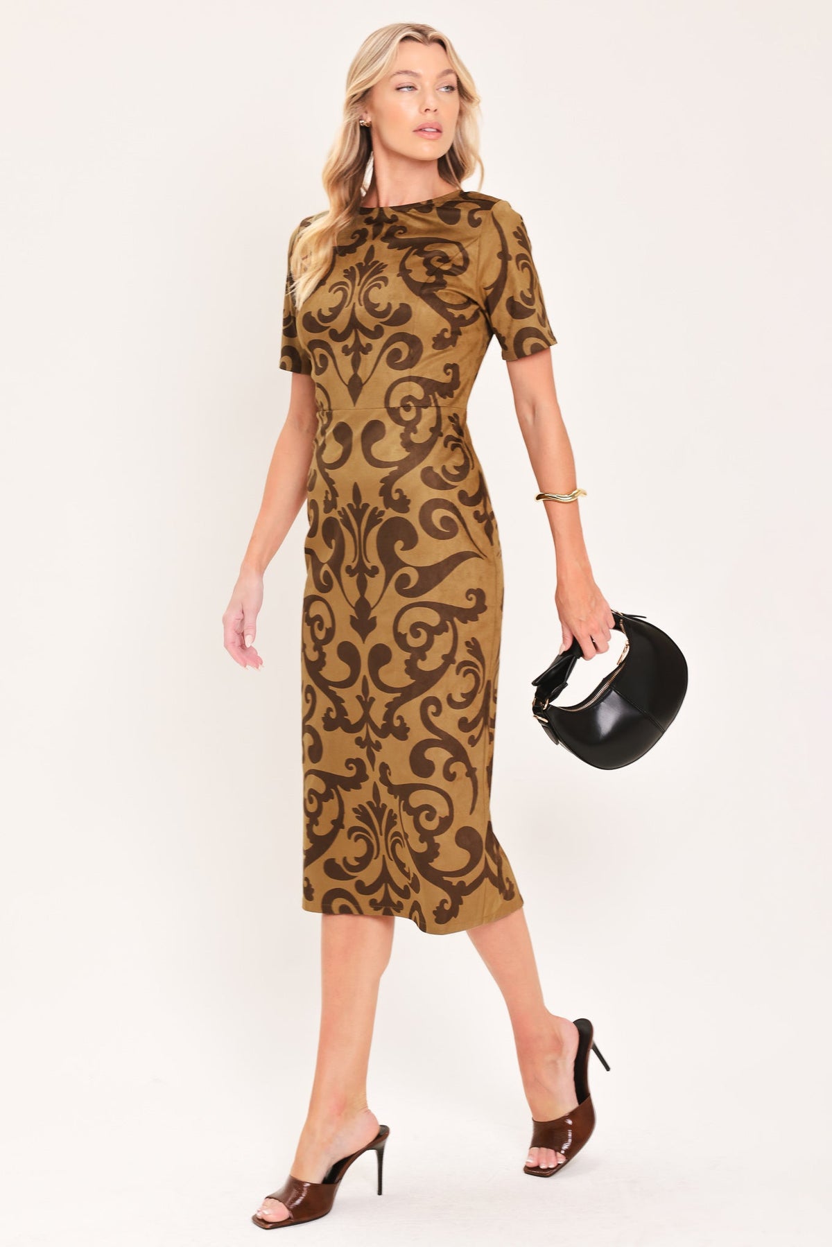 COGNAC SCROLL SILHOUETTE FAUX SUEDE MIDI DRESS