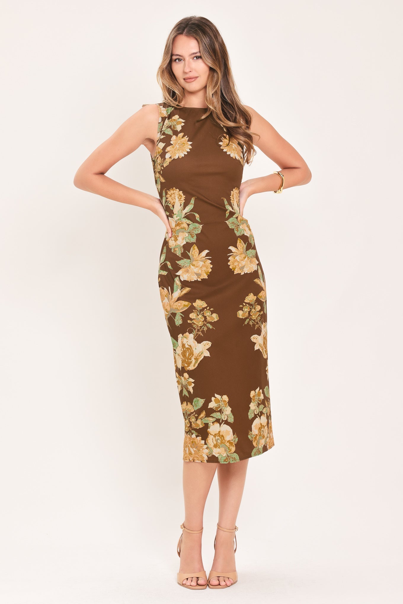 SEPIA FLORA SCULPTURE WOVEN MIDI DRESS