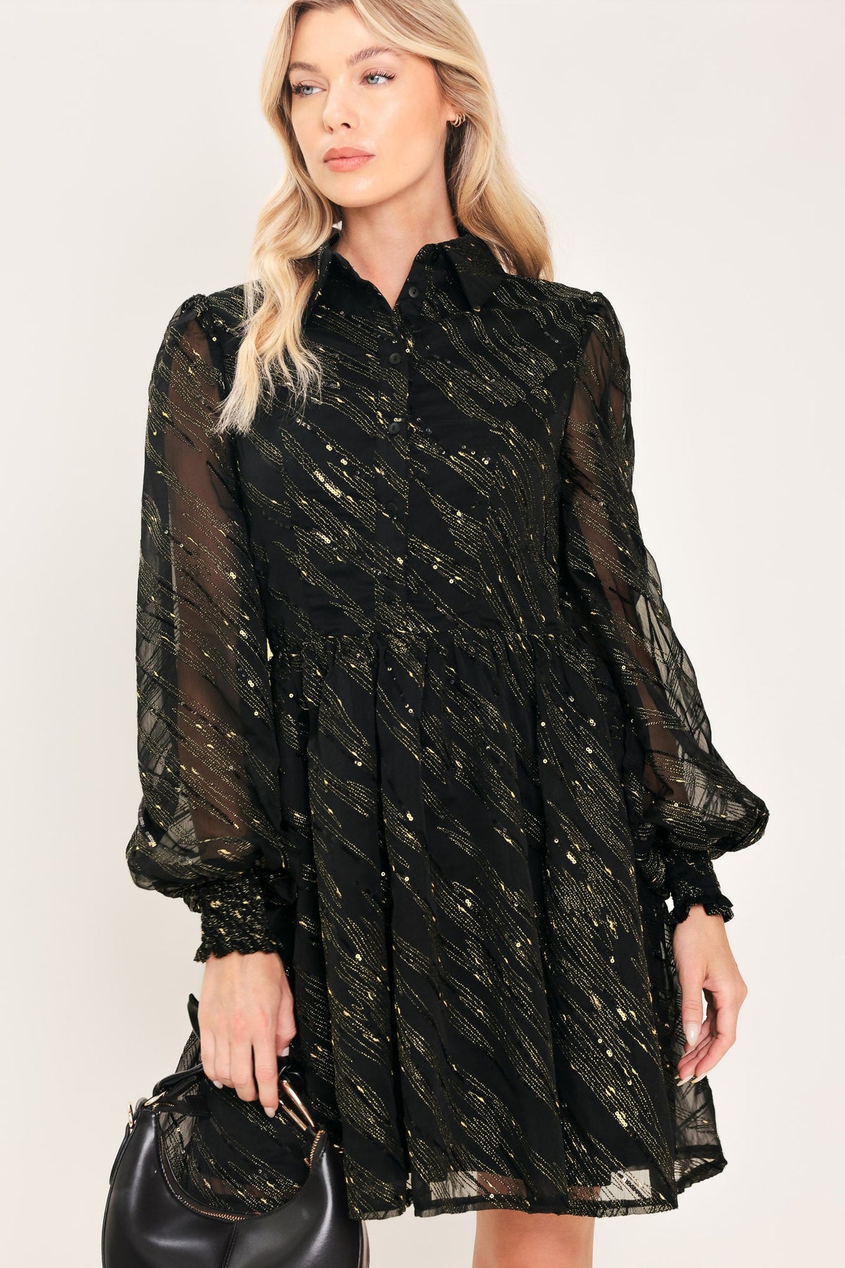 GILDED NOIR BLACK/GOLD METALLIC BUTTON-DOWN MINI DRESS