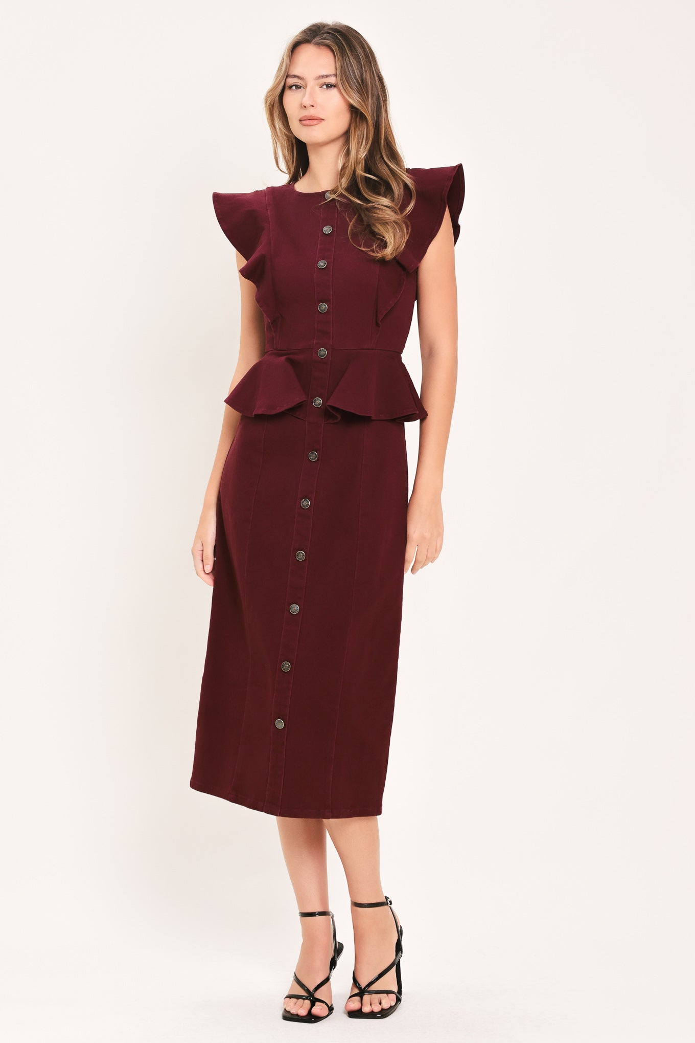 BURGUNDY RUFFLE REVERENCE WOVEN MIDI DRESS