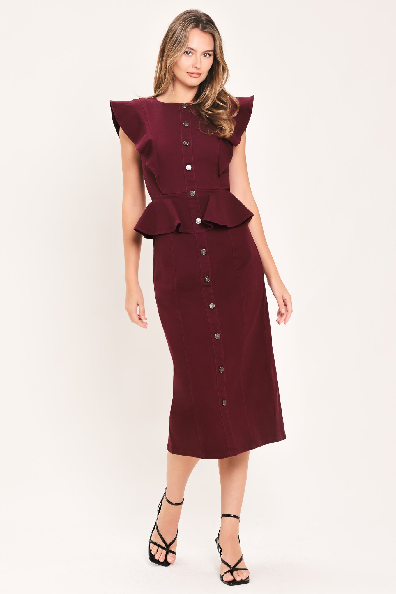 BURGUNDY RUFFLE REVERENCE WOVEN MIDI DRESS