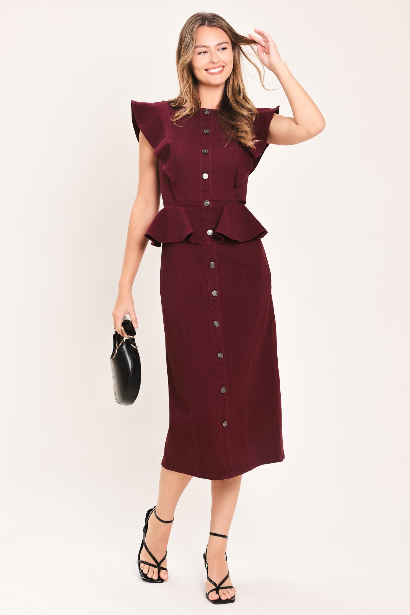 BURGUNDY RUFFLE REVERENCE WOVEN MIDI DRESS