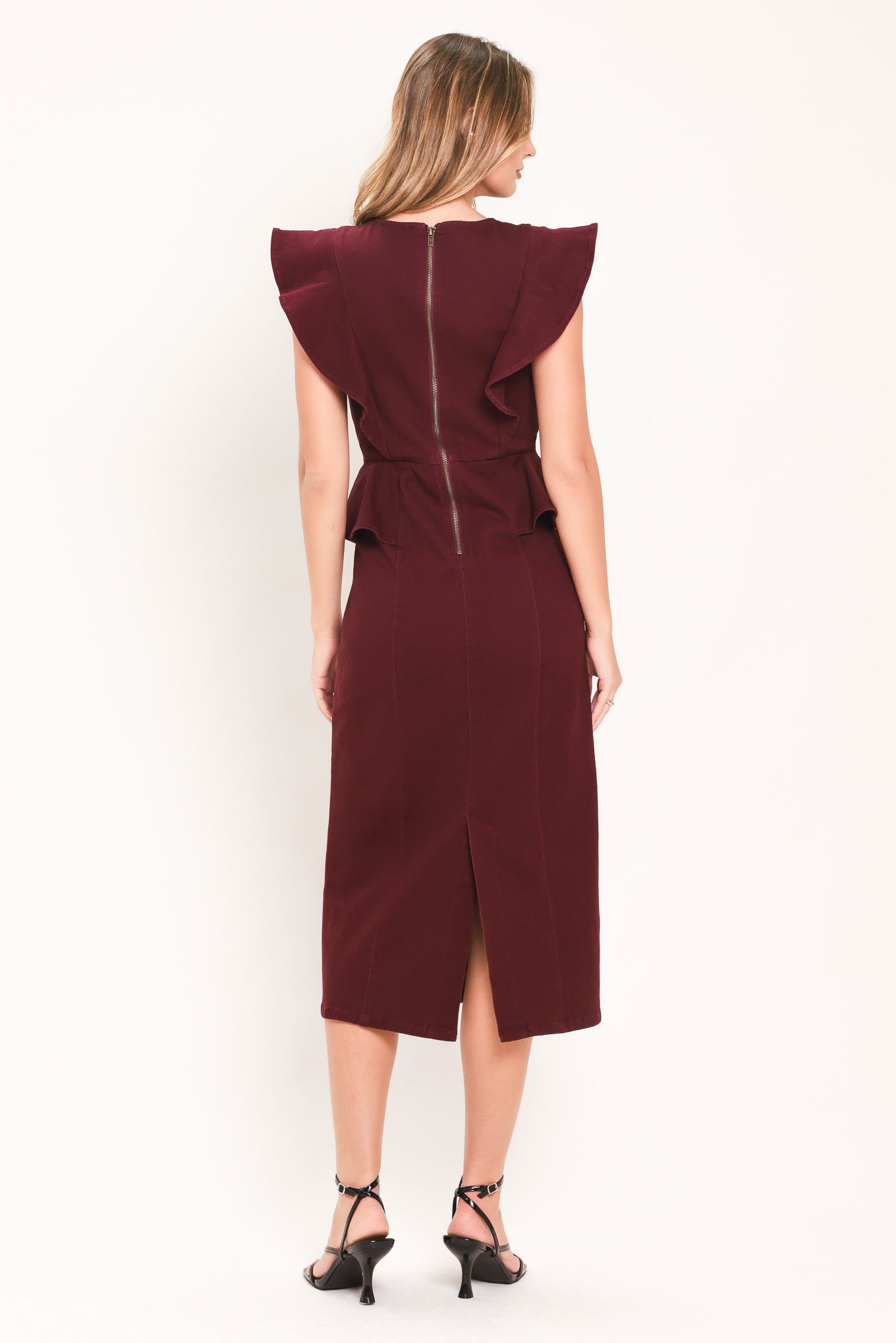 BURGUNDY RUFFLE REVERENCE WOVEN MIDI DRESS