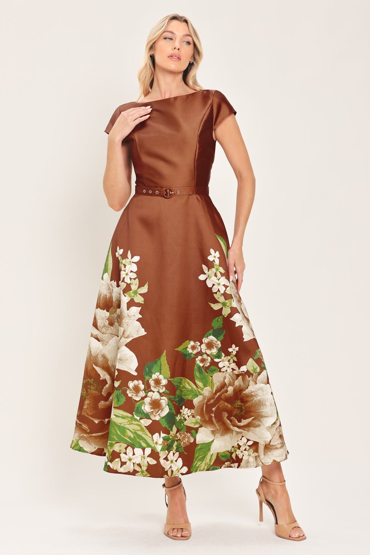 RUST REVERIE RUST PRINTED BELTED CIRCLE-SKIRT MIDI DRESS