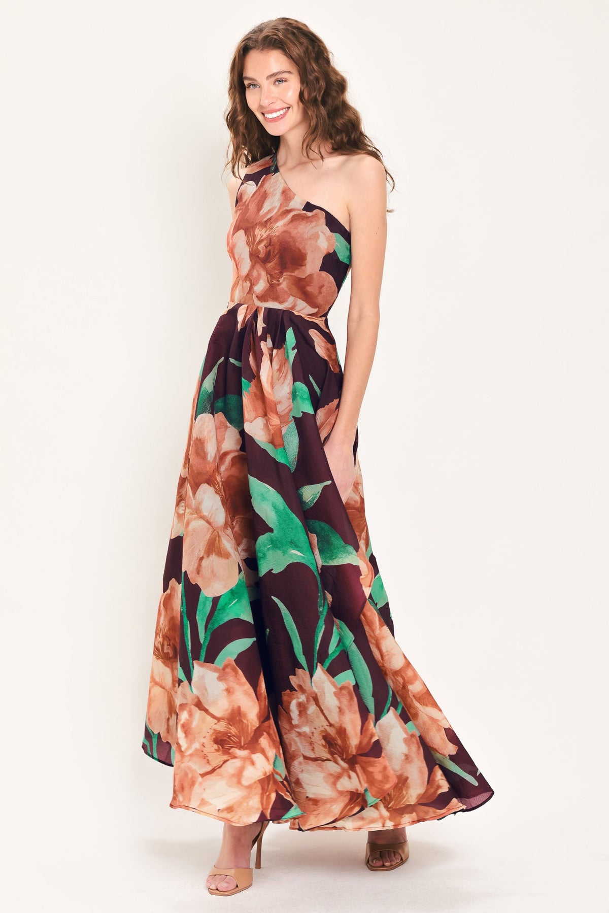 VINTAGE MERLOT WINE PRINTED ONE-SHOULDER MAXI DRESS