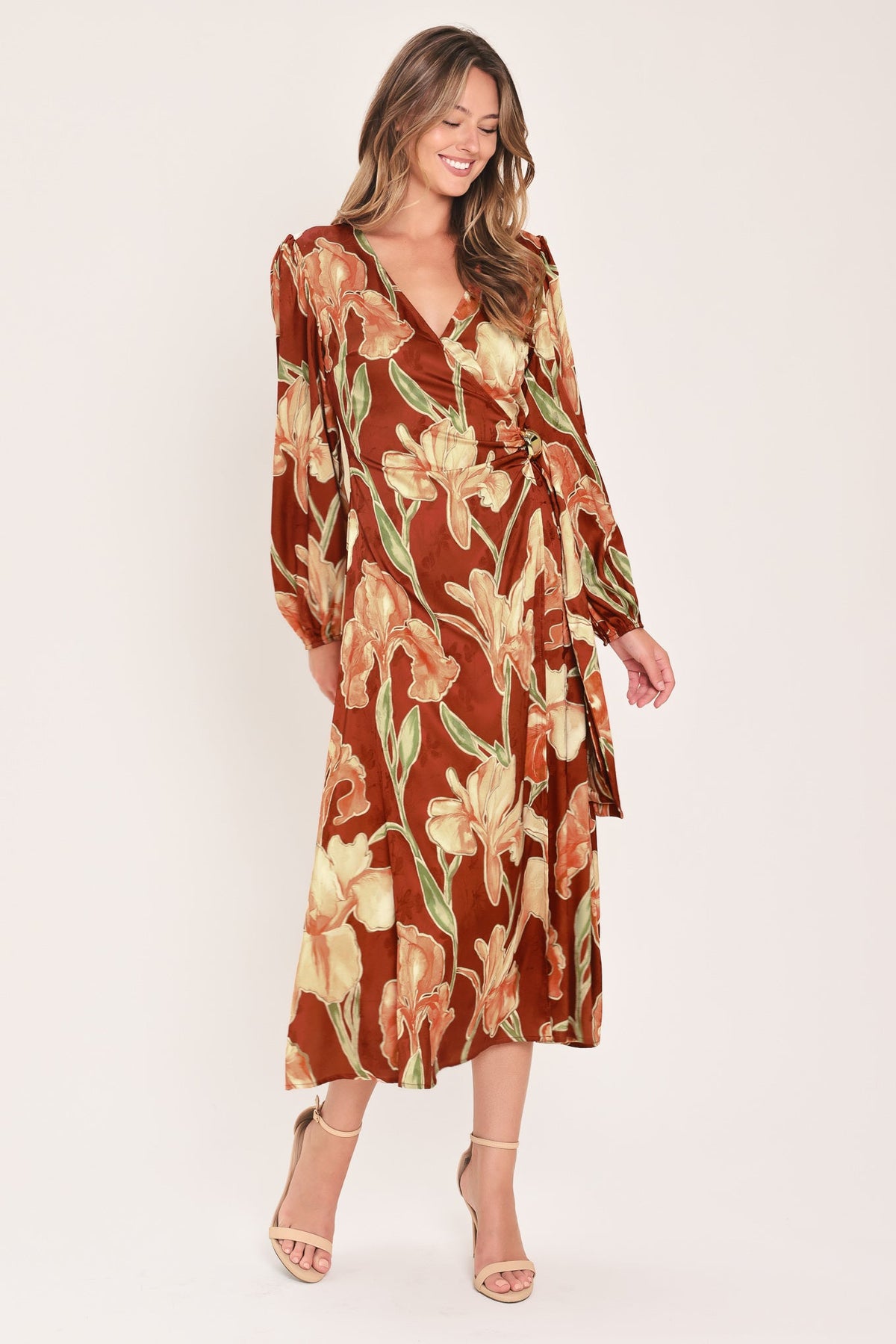 FALLING FOR YOU FAUX WRAP MIDI DRESS