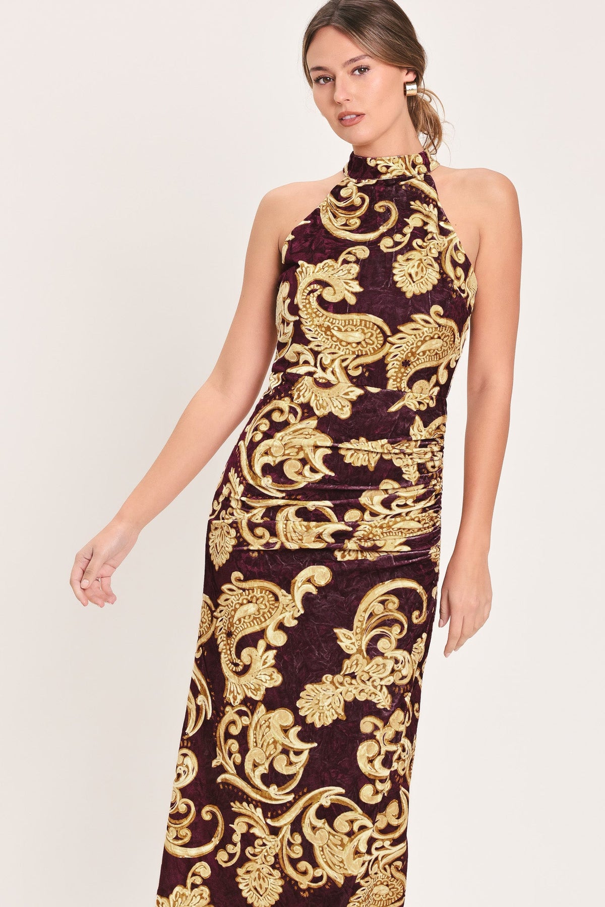 SCARLET SPELL DARK SCARLET PRINTED CRUSHED VELVET HALTER MAXI DRESS