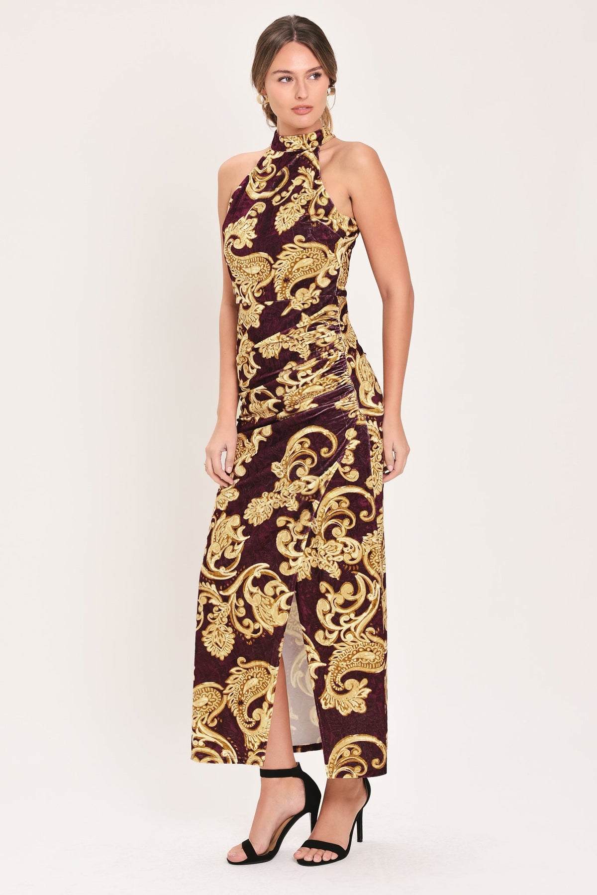 SCARLET SPELL DARK SCARLET PRINTED CRUSHED VELVET HALTER MAXI DRESS