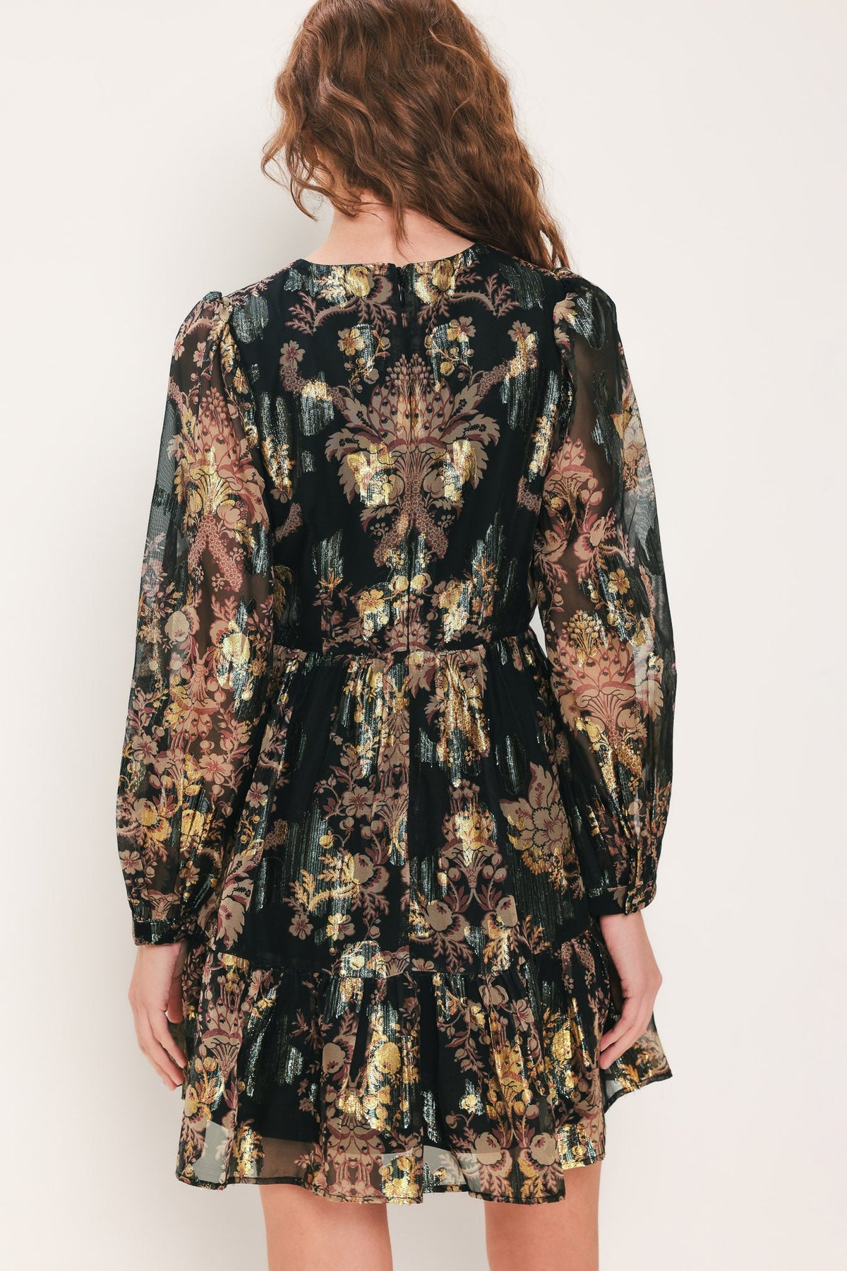 MIDNIGHT FLIRT BLACK PRINTED RUFFLE-HEM MINI DRESS