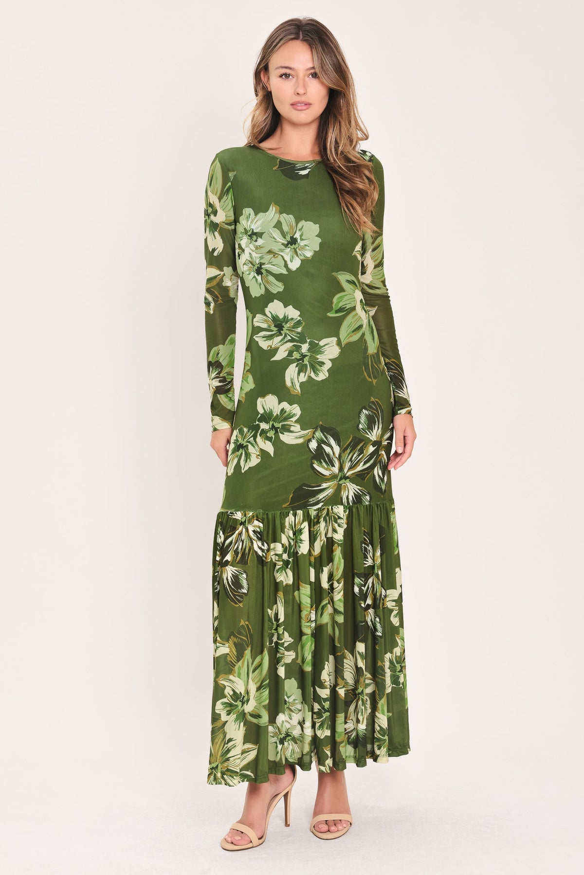 ENCHANTED GROVE MOSS GREEN PRINTED MESH ANKLE DRESS