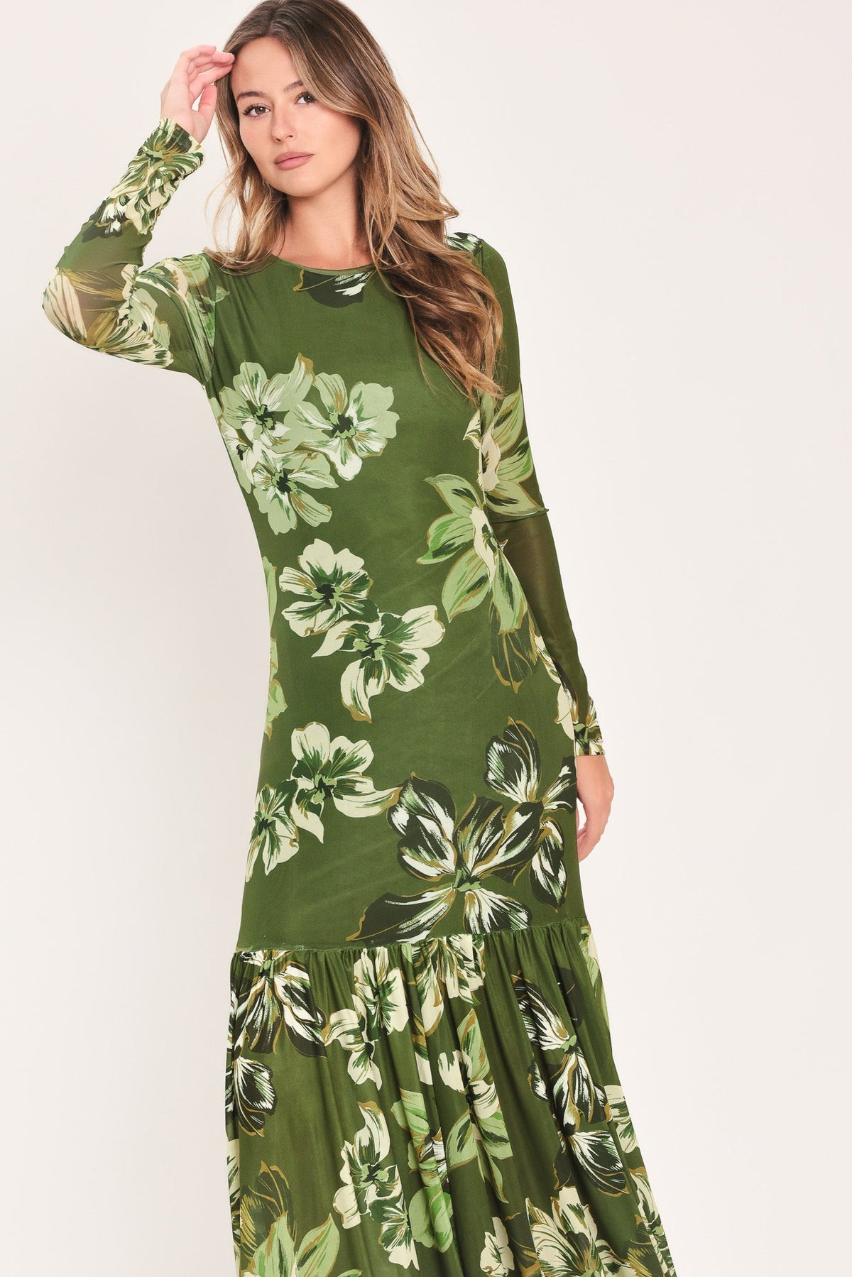 ENCHANTED GROVE MOSS GREEN PRINTED MESH ANKLE DRESS