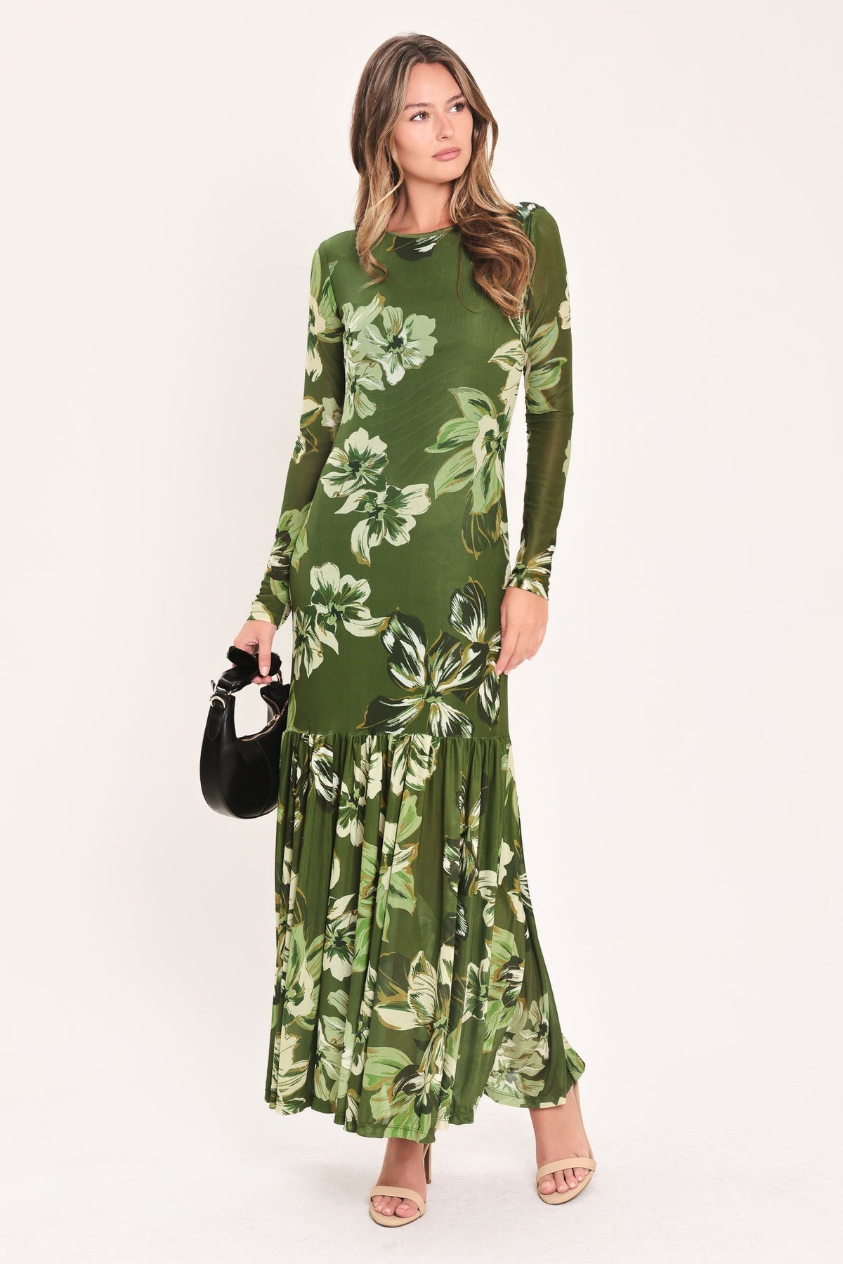 ENCHANTED GROVE MOSS GREEN PRINTED MESH ANKLE DRESS