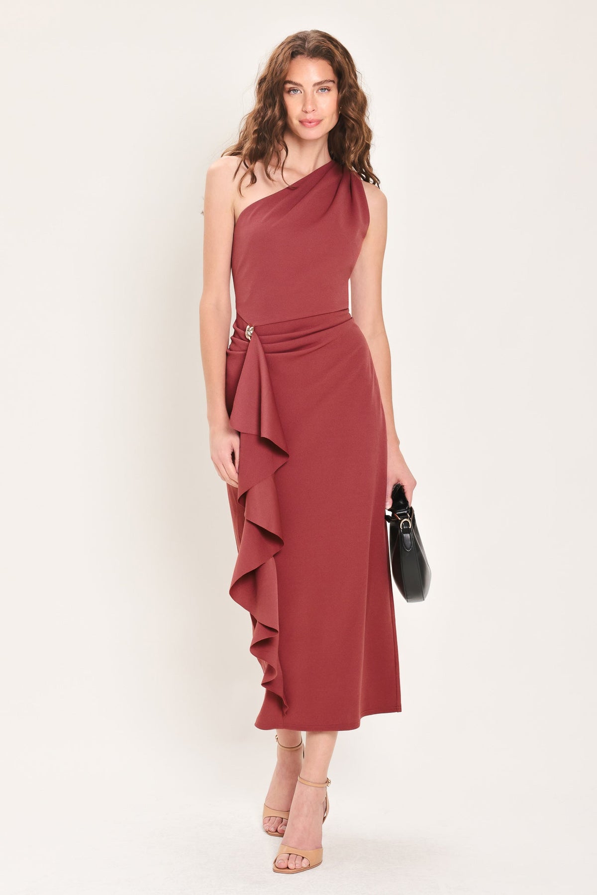 SIENNA STATEMENT BURNT SIENNA RUFFLE ONE-SHOULDER MIDI DRESS