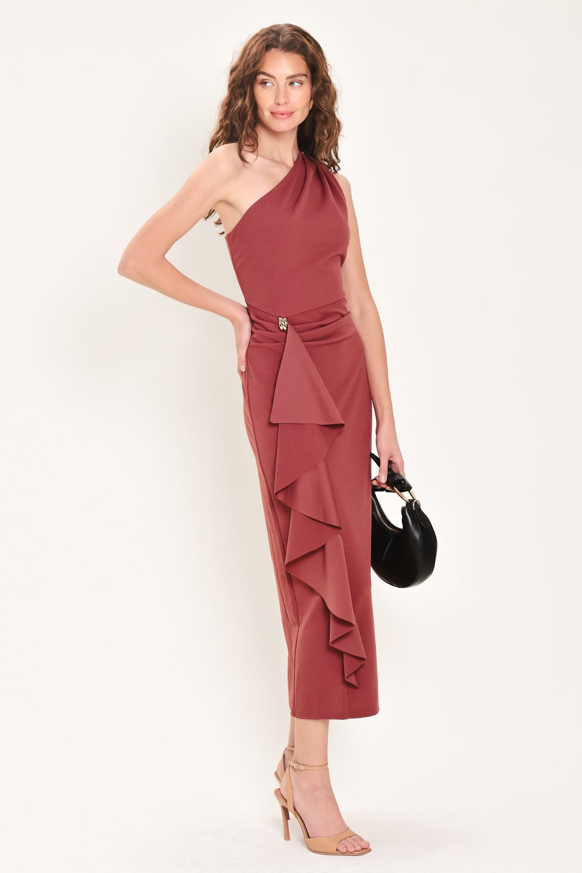 SIENNA STATEMENT BURNT SIENNA RUFFLE ONE-SHOULDER MIDI DRESS