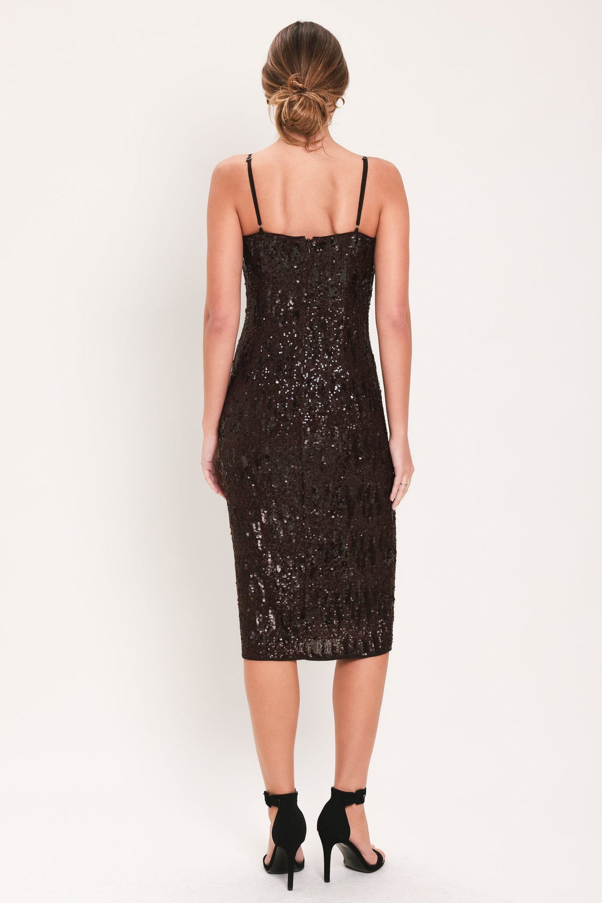 BRONZE AFTERGLOW BROWN SEQUIN SLIP MIDI DRESS