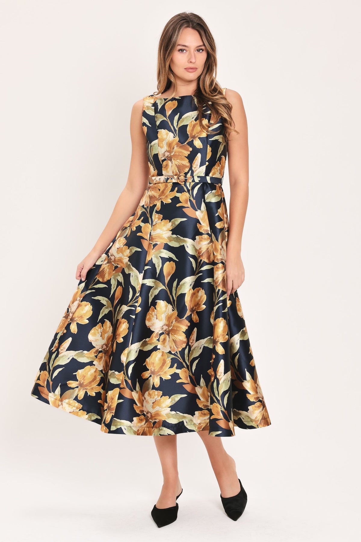 NAVY SONNET NAVY PRINTED BELTED CIRCLE-SKIRT MIDI DRESS