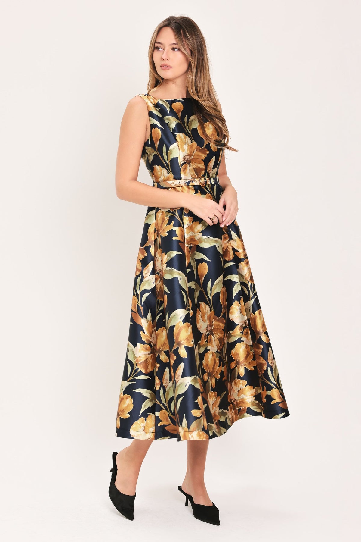 NAVY SONNET NAVY PRINTED BELTED CIRCLE-SKIRT MIDI DRESS