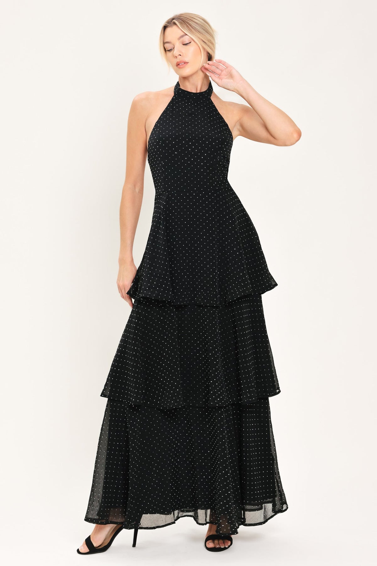 MIDNIGHT SPARK BLACK EMBELLISHED HALTER LAYERED MAXI DRESS