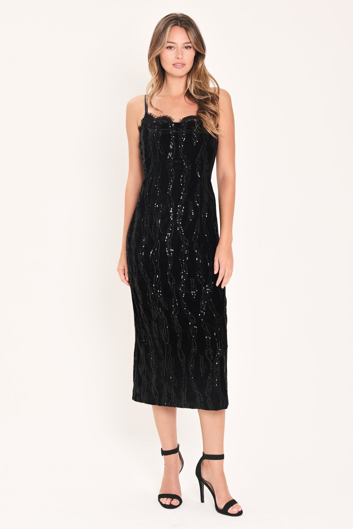 VELVET OBSESSION BLACK SEQUIN SWEETHEART MIDI DRESS