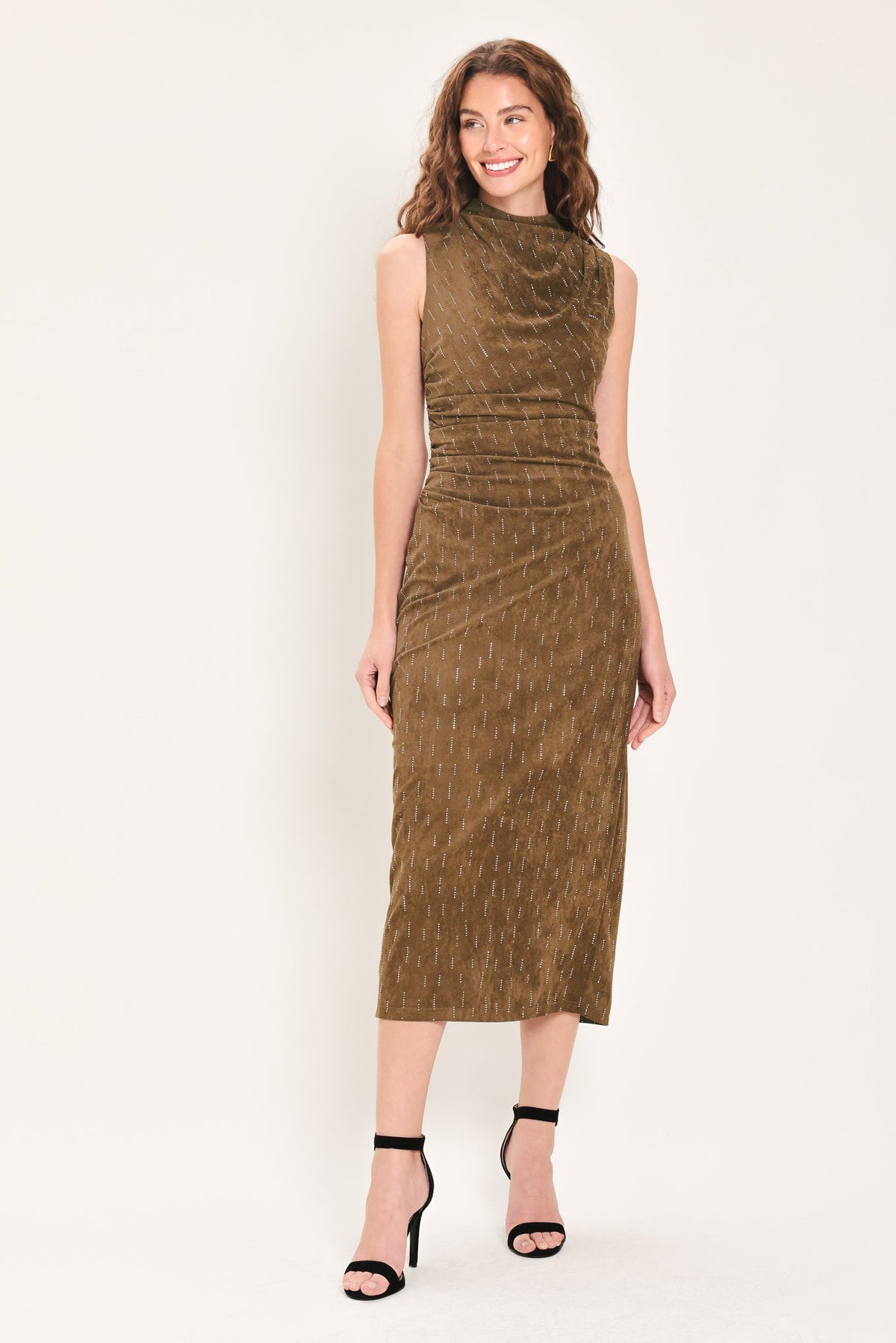 WALNUT GLOW EMBELLISHED FAUX SUEDE MIDI DRESS