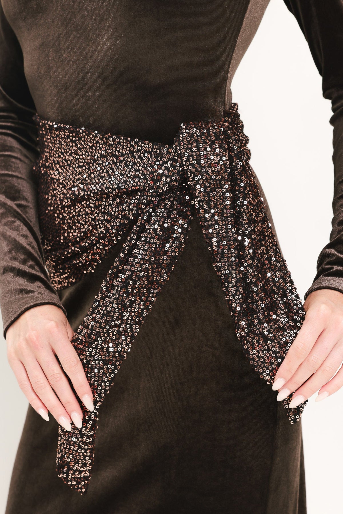 ESPRESSO EVENING VELVET SEQUIN-SCARF MIDI DRESS